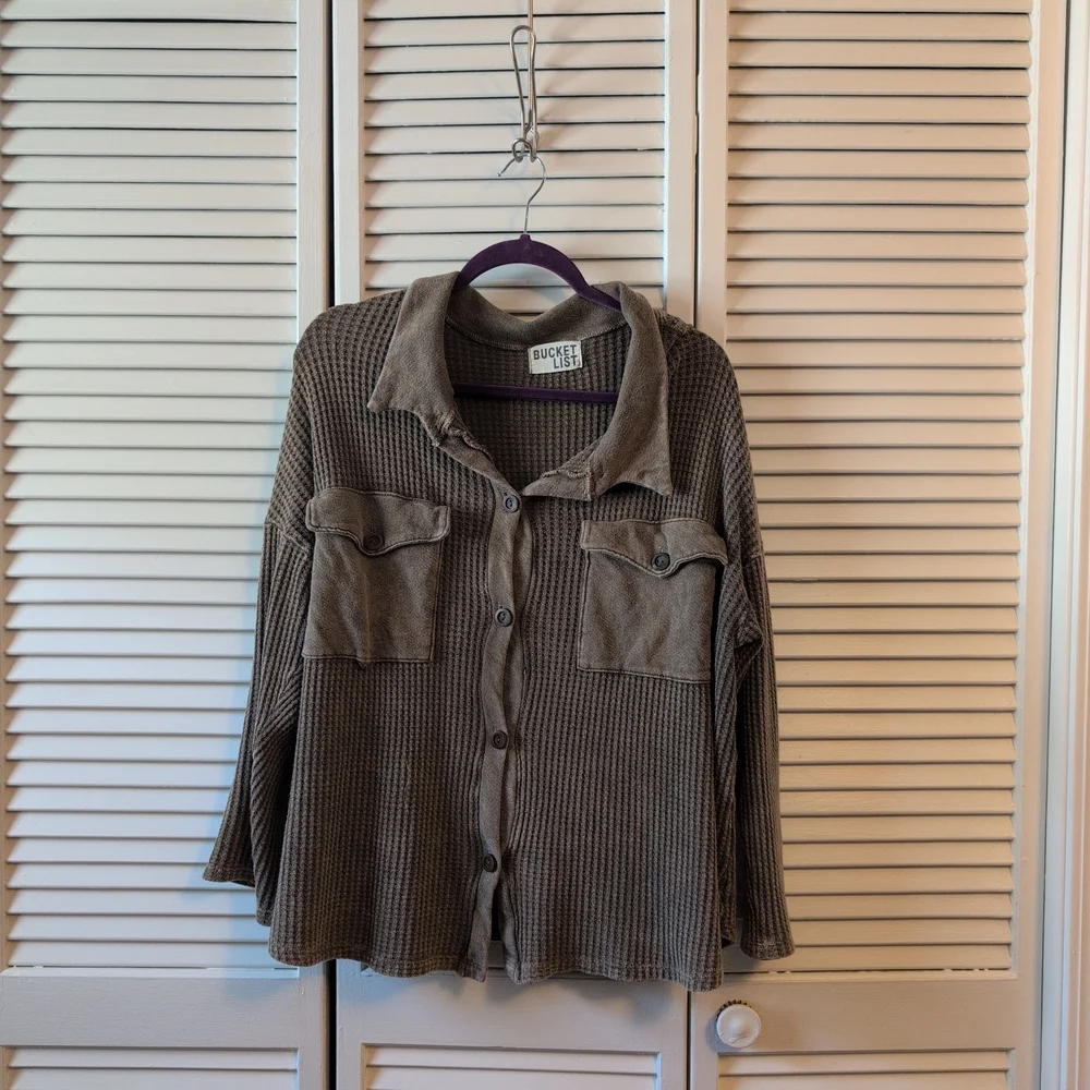 BUCKETLIST Brown Waffle-Knit Button-Up Sweatshirt 100% Cotton - Picture 2 of 4